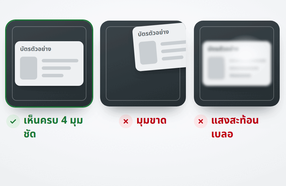 ถ่ายบัตรให้เห็นครบ 4 มุม ชัด ไม่มีแสงสะท้อน